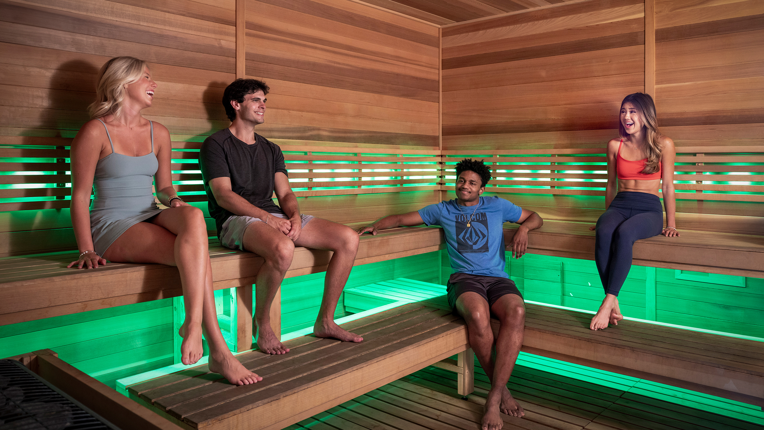 Friends using a sauna